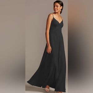 David’s Bridal black spaghetti strap crepe-back satin bridesmaid dress